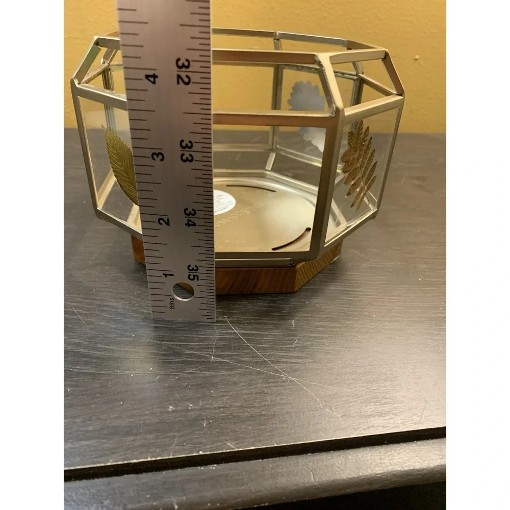 Bath & Body Works Candle Holder Gold Leaves Octagon Shaped Fall Autumn Wood Base - Picture 9 of 10